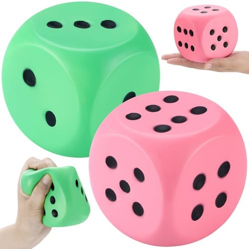 Large 3.9 inch green and pink foam dice squishy pair