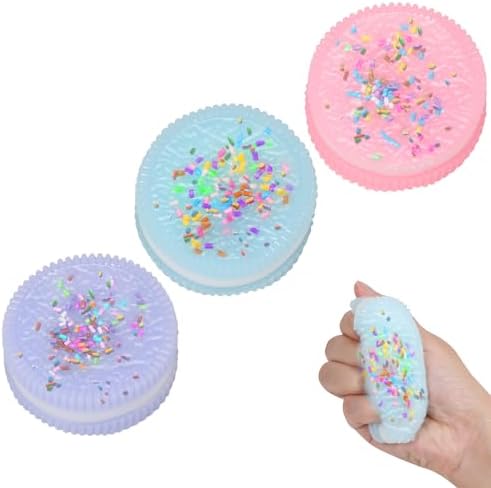 Three pastel sandwich cookie squishy toys with confetti sprinkles inside