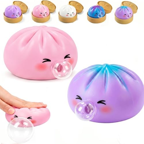 Pink and galaxy bao bun bubble squishy two pack blowing clear bubbles