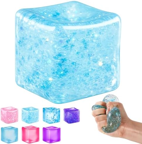 Blue glitter ice cube squishy stress ball