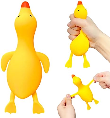 Yellow stretchy duck squishy pulled long by two hands