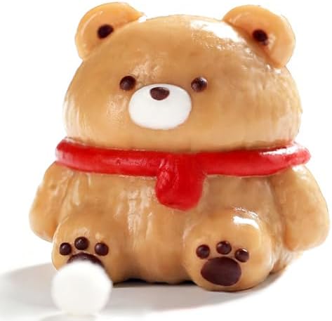 Brown teddy bear squishy with red scarf mochi squeeze toy