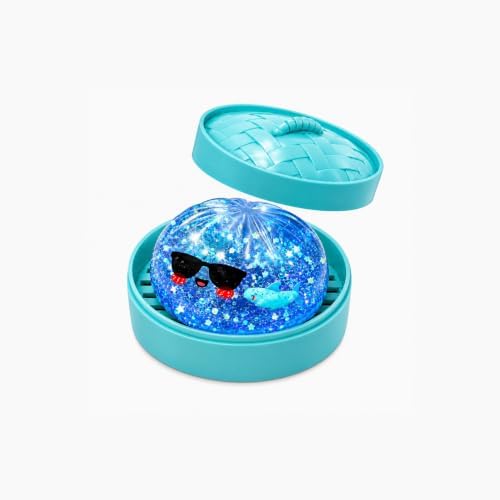 Blue glitter shark squishy dumpling bun in steamer basket