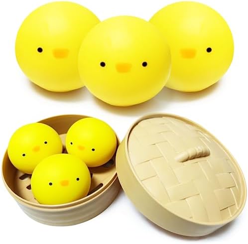 Mini chick squishy 3 pack yellow dumplings in bamboo steamer