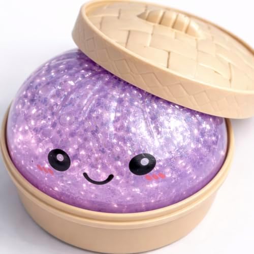 Purple glitter dumpling squishy in a steamer basket