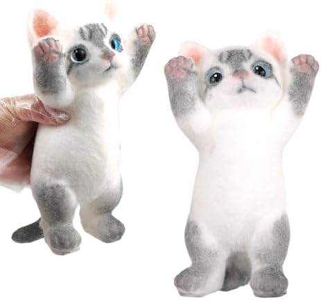 Gray flocked stretching cat squishy with paws up, slow rising fidget toy