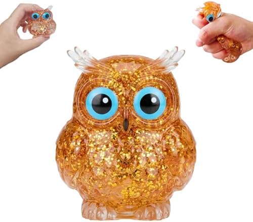 Orange glitter owl squishy squeeze slow rising sensory toy