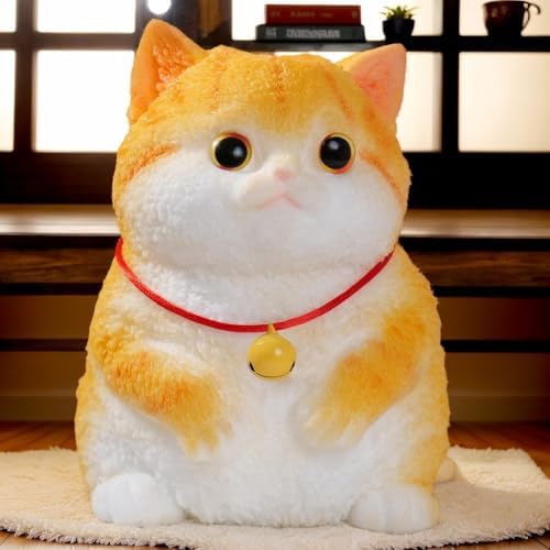 Big orange tabby cat squishy with red bell collar, fluffy flocked stress toy