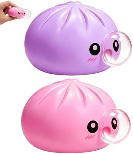 Purple and pink dumpling bubble squishy two pack blowing clear bubbles