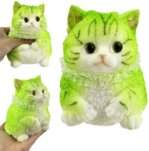Green chubby flocked cat squishy with lace collar slow rising toy
