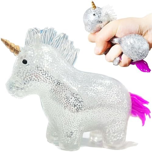 Silver glitter bead filled unicorn squishy squeeze stress toy with gold horn
