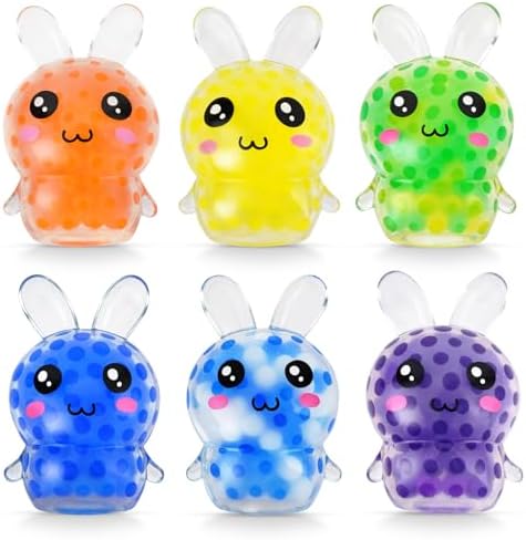 Six bubble bead bunny squishies with clear bodies in six colors