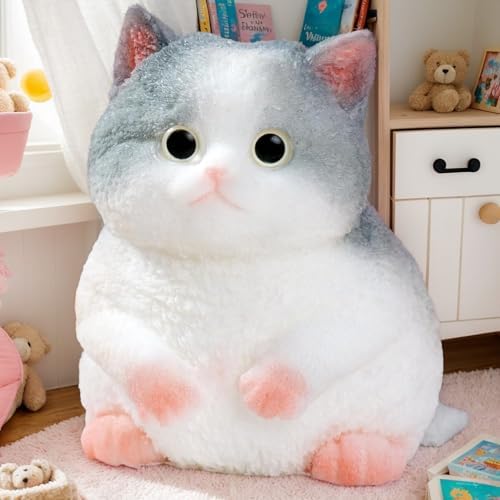 Jumbo gray and white fluffy cat squishy with big eyes, slow rising stress toy