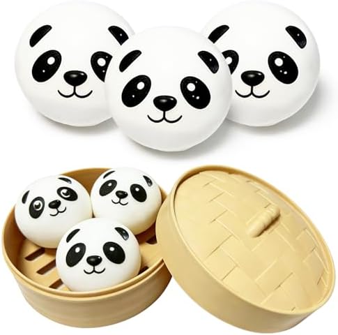 Mini panda squishy dumplings resting in a bamboo steamer