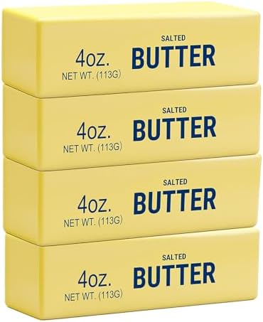 Four yellow butter stick squishies stacked
