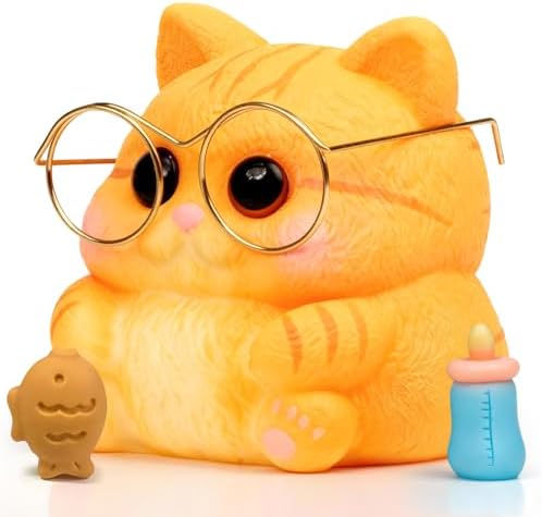Chubby orange tabby cat squishy with gold glasses, soft slow rising stress toy
