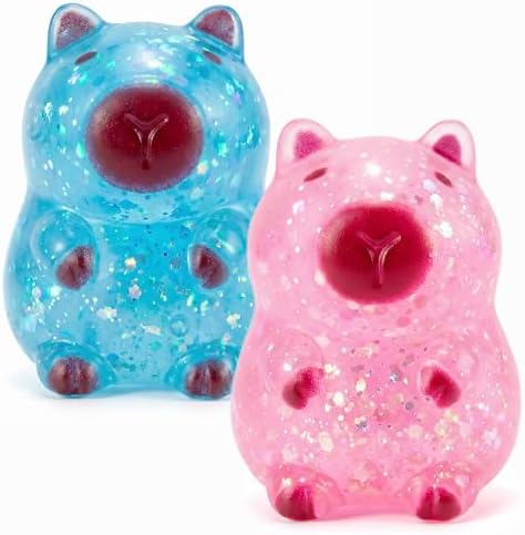Pink and blue glitter capybara squishy squeeze fidget toy set