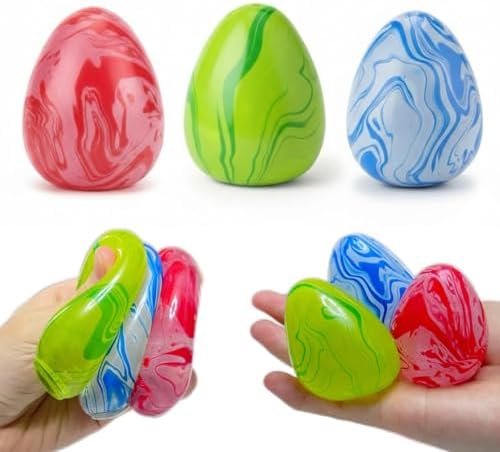 Three marbled sugar ball egg squishies in red green and blue