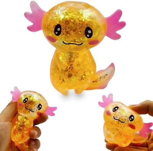 Orange glitter axolotl gel ball squishy stress toy