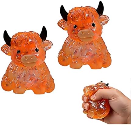 2 pack orange crystal bead highland cow squishy squeeze set