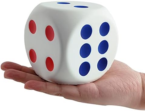 White 3 inch foam dice squishy stress ball with red and blue dots