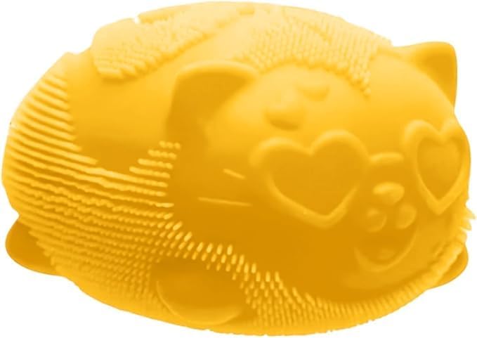 Yellow fuzzy cat squishy ball with sunglasses, soft slow rising stress toy