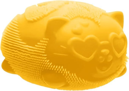 Yellow fuzzy cat squishy ball with sunglasses, soft slow rising stress toy