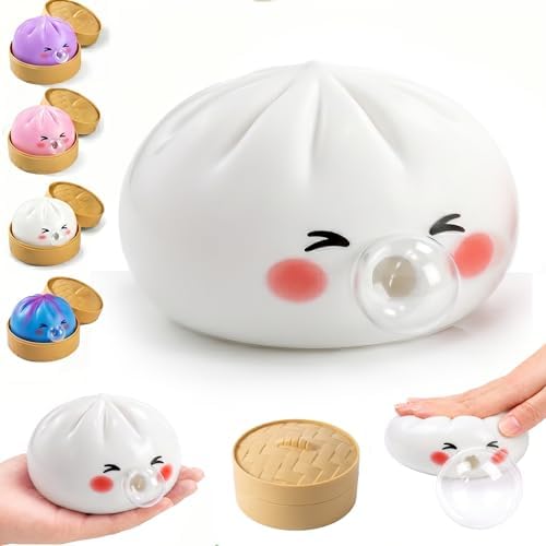 White bao bun bubble squishy 2.0 blowing a large clear bubble