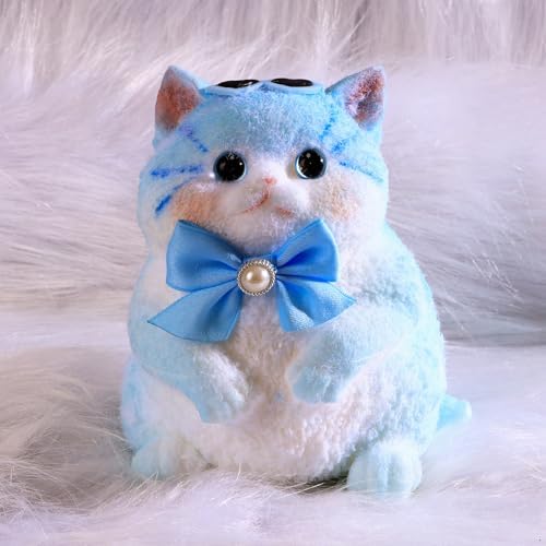 Blue and white flocked kitten cat squishy with satin bow, slow rising toy