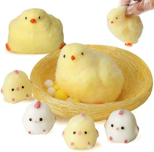 Nesting chick squishy 6 pack with woven nest, soft fuzzy squeeze toys