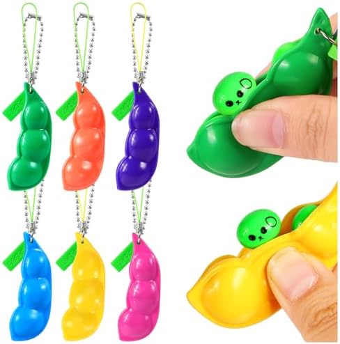 Rainbow colored edamame squishy squeeze bean keychains 6 pack