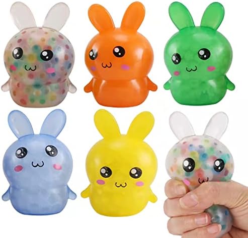 Five water bead bunny squishies with rosy cheeks in five colors
