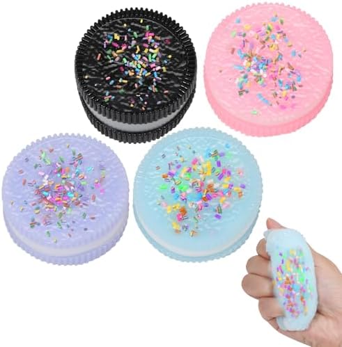 Four sandwich cookie squishies in black, pink, blue and purple with sprinkles