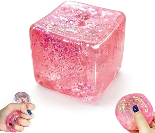 Pink holographic glitter ice cube squishy block