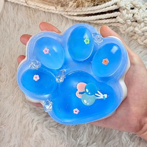 Glitter blue cat squishy paw with white rim, jumbo slow rising jelly toy