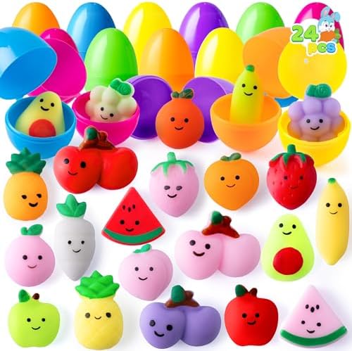 Fruit mochi squishies inside plastic eggs, 24 pack