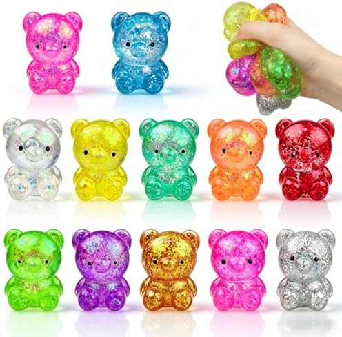 Twelve pack water bead glitter bear squishy squeeze toys