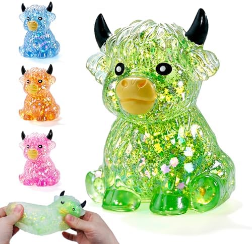 Green star glitter bead filled highland cow squishy fidget toy