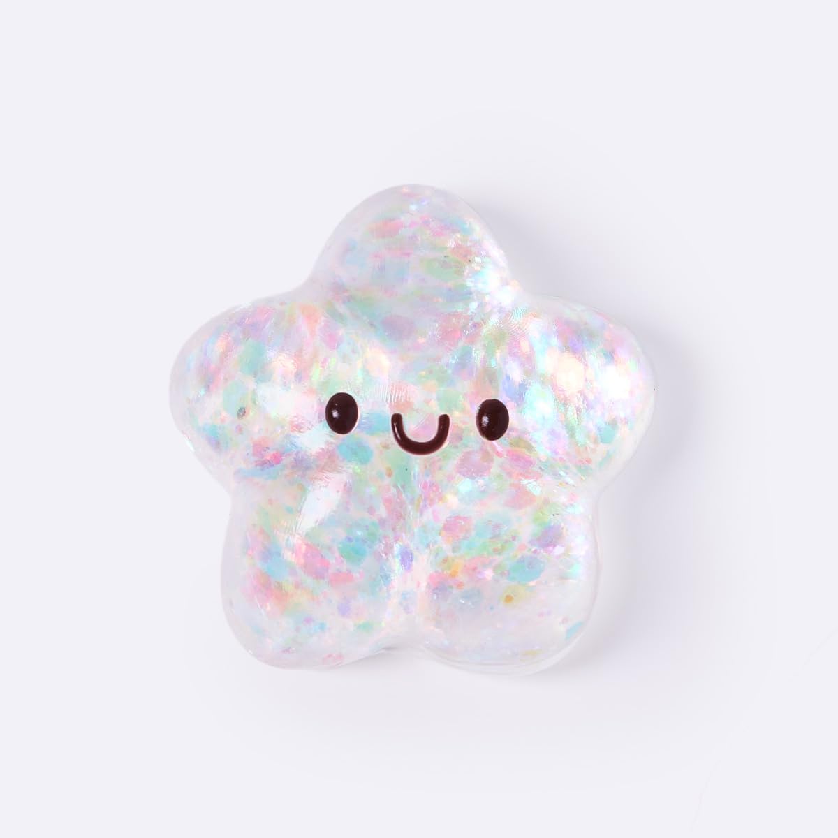 White iridescent glitter star squishy with smiley face