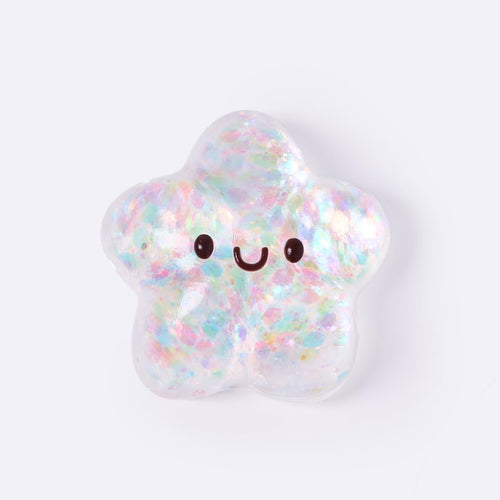 White iridescent glitter star squishy with smiley face