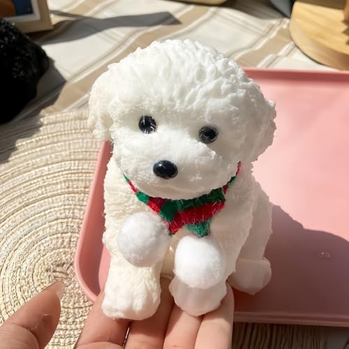 White curly dog squishy puppy wearing a striped winter scarf