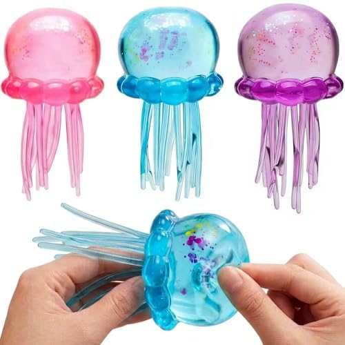 3 pack pink blue purple glitter jellyfish squishy sensory toy set