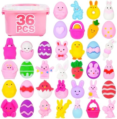 36 mini Easter mochi egg squishies in a pink tub