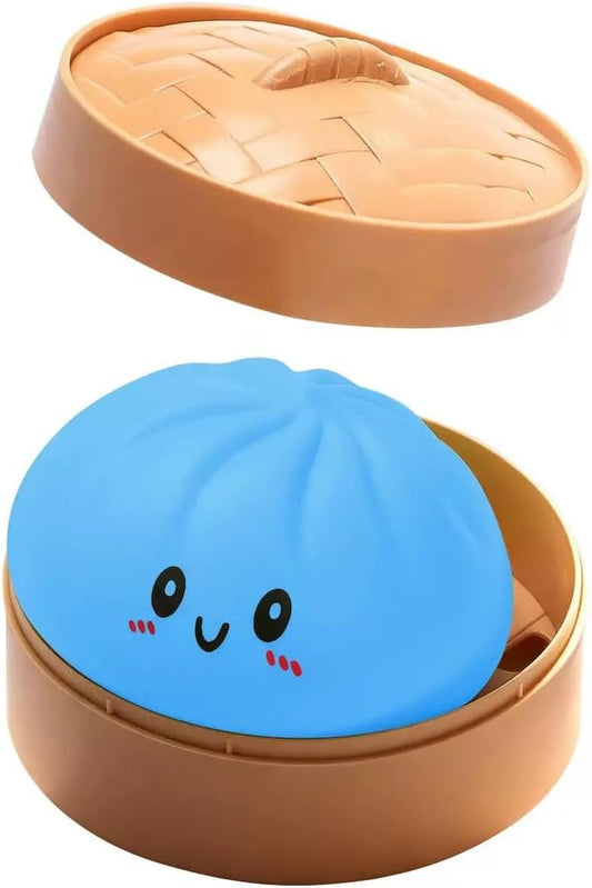 Glossy blue dumpling squishy in a bamboo steamer basket
