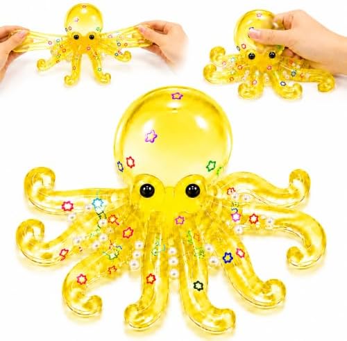 Yellow jelly octopus squishy with star confetti and pearls inside
