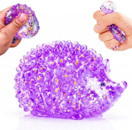 Purple glitter water bead hedgehog squishy stress ball