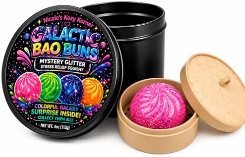 Glitter galaxy squishy ball mochi buns in a steamer basket