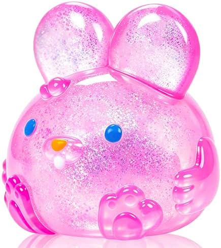 Jumbo pink glitter jelly bunny squishy resting with paws up