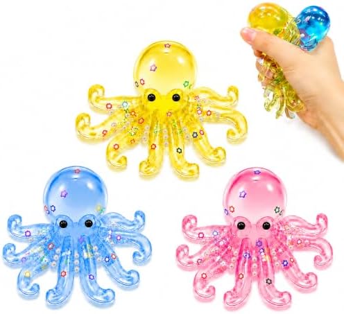 Three jelly octopus squishies with star confetti in yellow, blue and pink