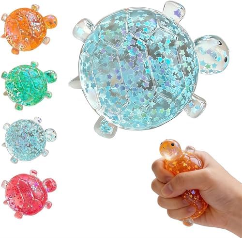Blue glitter turtle squishy with silver star filling